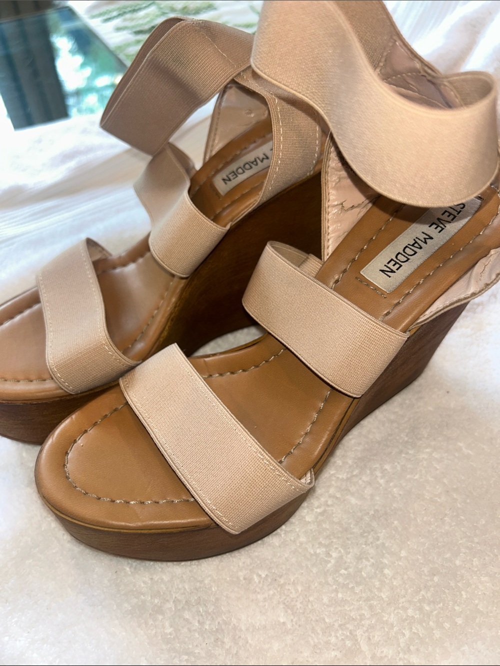 Steve Madden Nude Elastic-Strap Platform Wedges